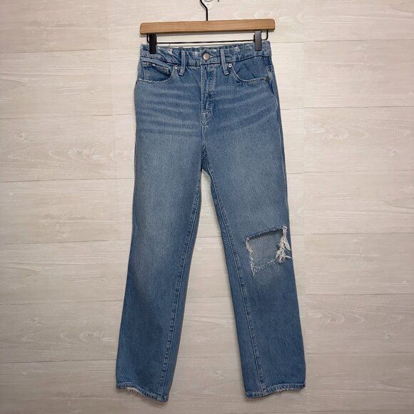 Good American Distressed Straight Leg Jeans Size 2/26 Medium Wash Denim - Picture 2 of 7